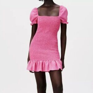 Zara Pink Textured Weave Ruffled Bodycon Dress